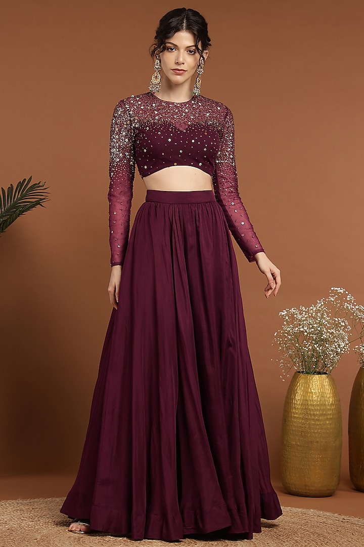 Wine Organza & Net Lehenga Set by Rirasa at Pernia's Pop Up Shop