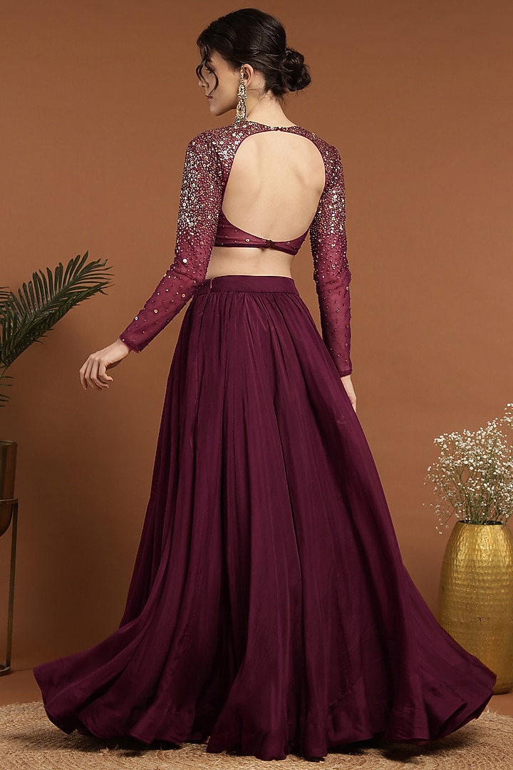 Wine Organza & Net Lehenga Set by Rirasa at Pernia's Pop Up Shop