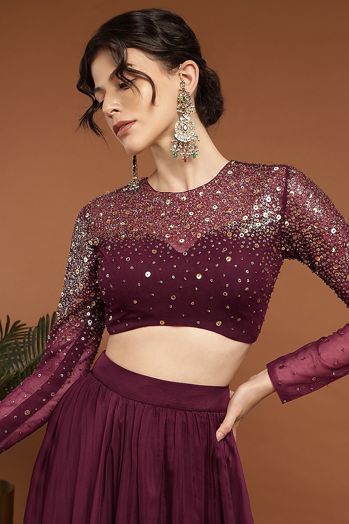 Wine Organza & Net Lehenga Set by Rirasa at Pernia's Pop Up Shop