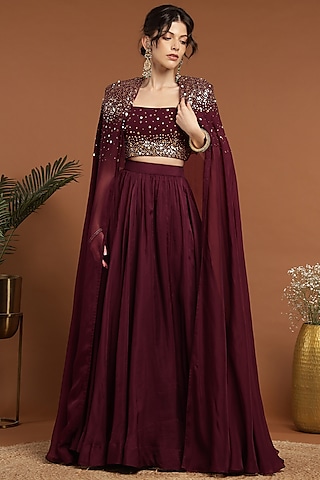 Wine Organza & Net Hand Embroidered Jacket Lehenga Set by Rirasa
