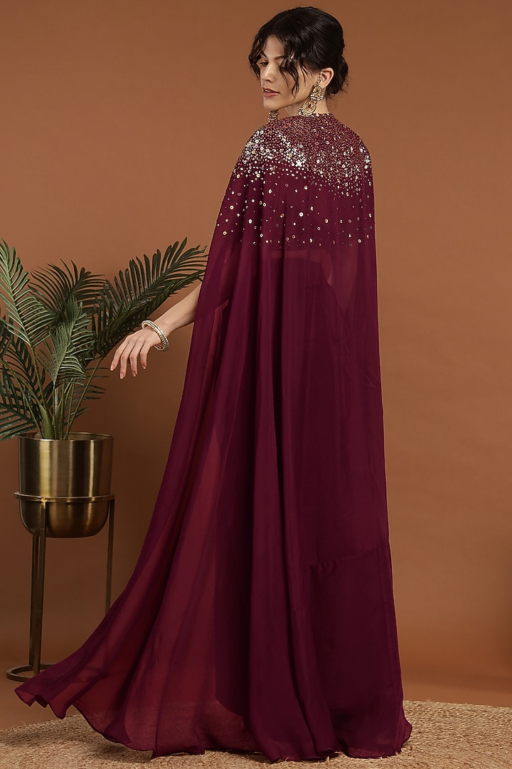 Wine Organza & Net Hand Embroidered Jacket Lehenga Set by Rirasa at Pernia's Pop Up Shop