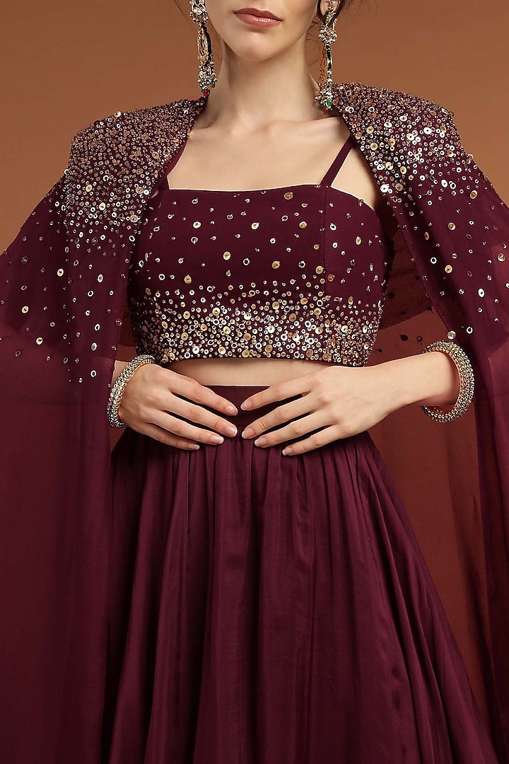 Wine Organza & Net Hand Embroidered Jacket Lehenga Set by Rirasa at Pernia's Pop Up Shop