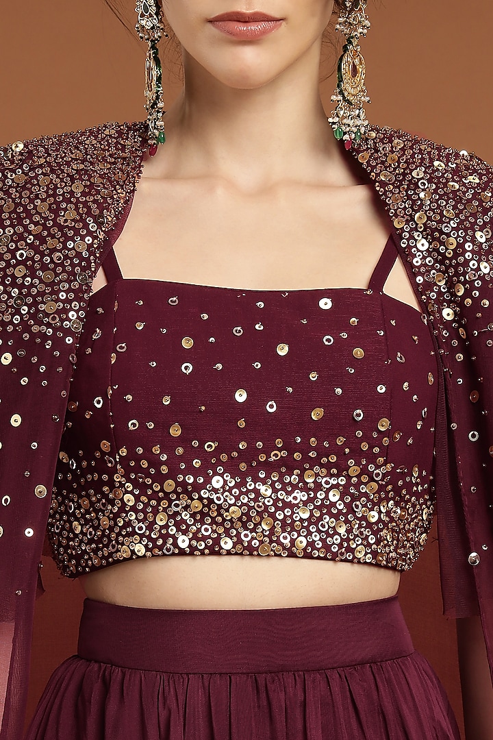 Wine Organza & Net Hand Embroidered Jacket Lehenga Set by Rirasa at Pernia's Pop Up Shop