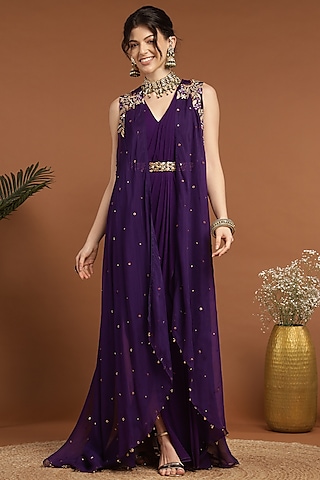 Purple Organza & Georgette Hand Embroidered Jacket Dress by Rirasa