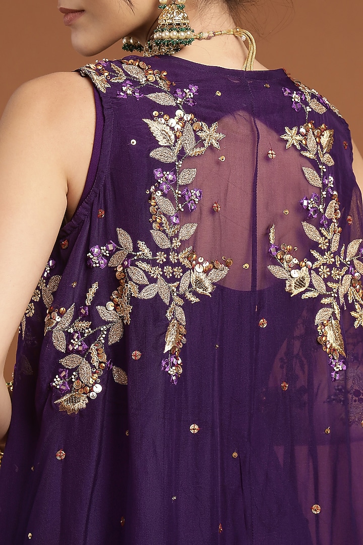 Purple Organza & Georgette Hand Embroidered Jacket Vacation Dress by Rirasa at Pernia's Pop Up Shop