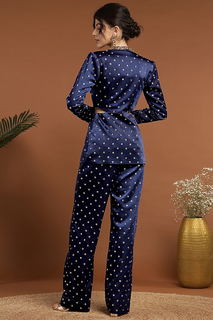 Royal Blue Satin Hand Embroidered Jacket Set by Rirasa at Pernia's Pop Up Shop