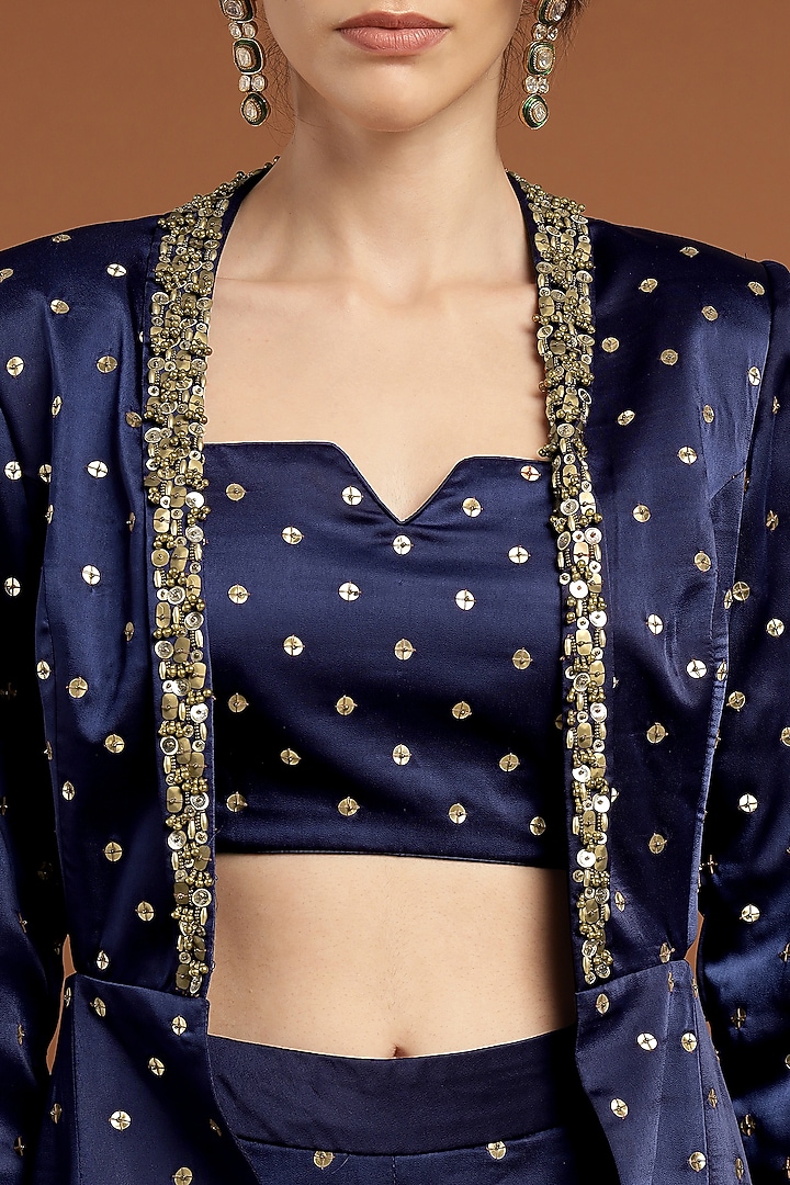Royal Blue Satin Hand Embroidered Jacket Set by Rirasa at Pernia's Pop Up Shop