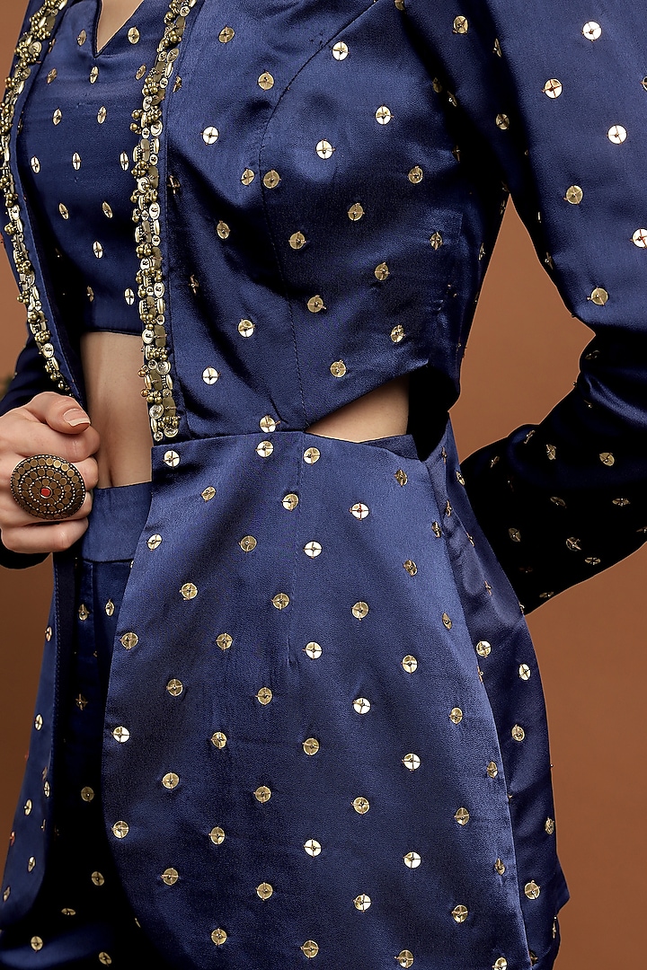 Royal Blue Satin Hand Embroidered Jacket Set by Rirasa at Pernia's Pop Up Shop