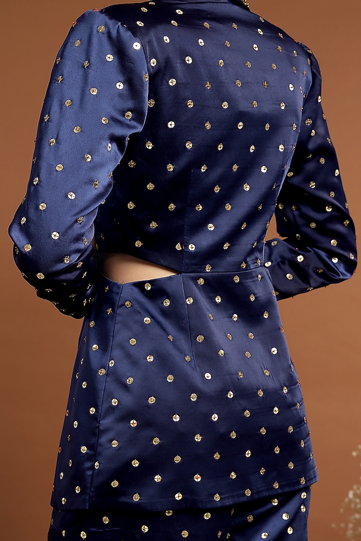 Royal Blue Satin Hand Embroidered Jacket Set by Rirasa at Pernia's Pop Up Shop