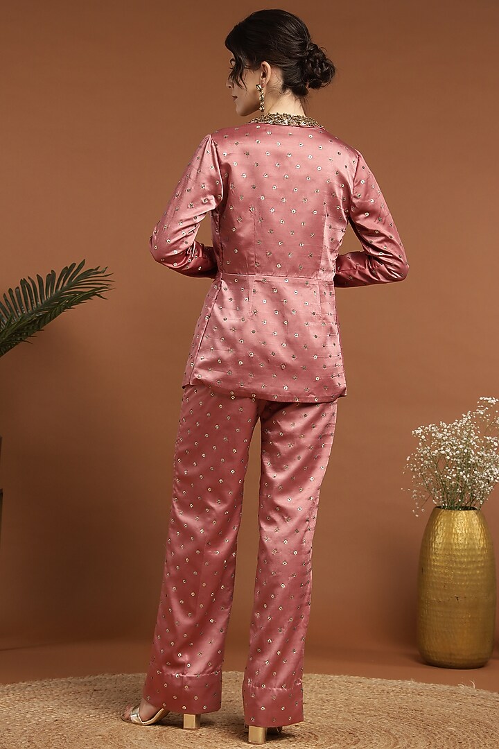 Pink Satin Hand Embroidered Jacket Set by Rirasa at Pernia's Pop Up Shop