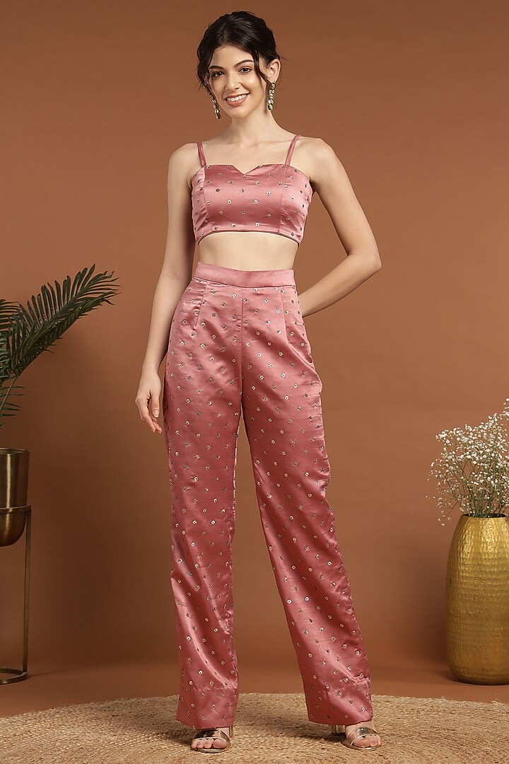 Pink Satin Hand Embroidered Jacket Set by Rirasa at Pernia's Pop Up Shop