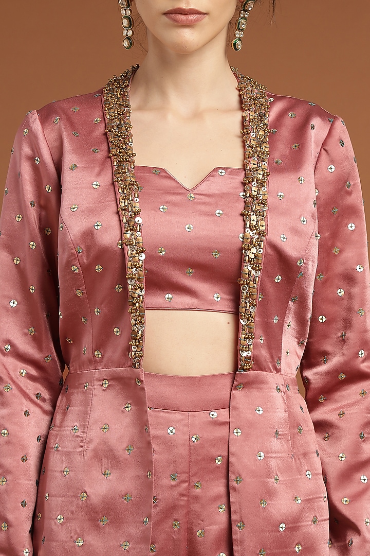 Pink Satin Hand Embroidered Jacket Set by Rirasa at Pernia's Pop Up Shop
