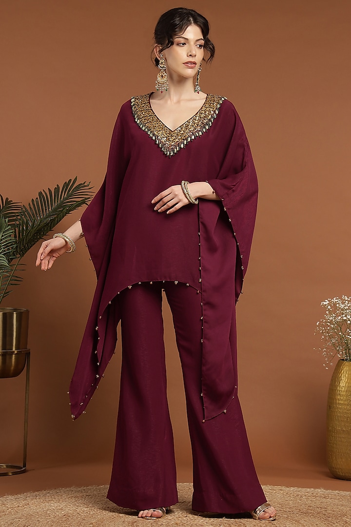 Wine Lurex Crepe Hand & Machine Embroidered Kaftan Set by Rirasa at Pernia's Pop Up Shop