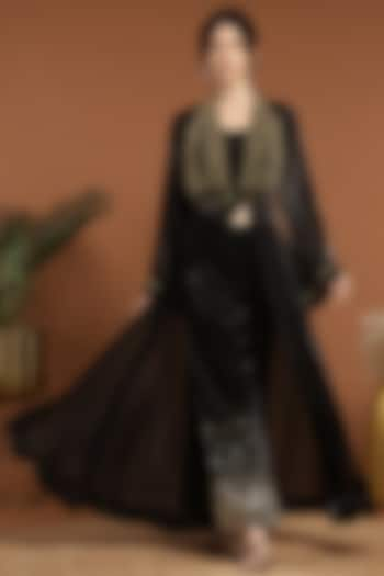 Black Organza & Silk Blend Cape Set by Rirasa at Pernia's Pop Up Shop