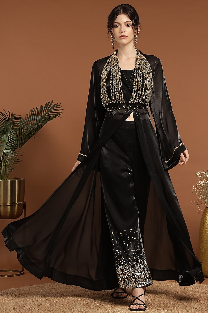 Black Organza & Silk Blend Cape Set by Rirasa at Pernia's Pop Up Shop