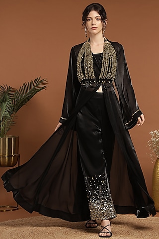 Black Organza & Silk Blend Cape Set by Rirasa
