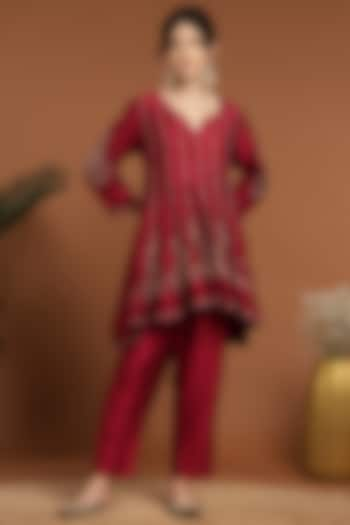 Red Silk Blend Hand & Machine Embroidered Kalidar Kurta Set by Rirasa at Pernia's Pop Up Shop