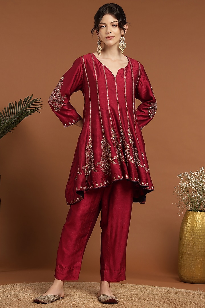 Red Silk Blend Hand & Machine Embroidered Kalidar Kurta Set by Rirasa at Pernia's Pop Up Shop