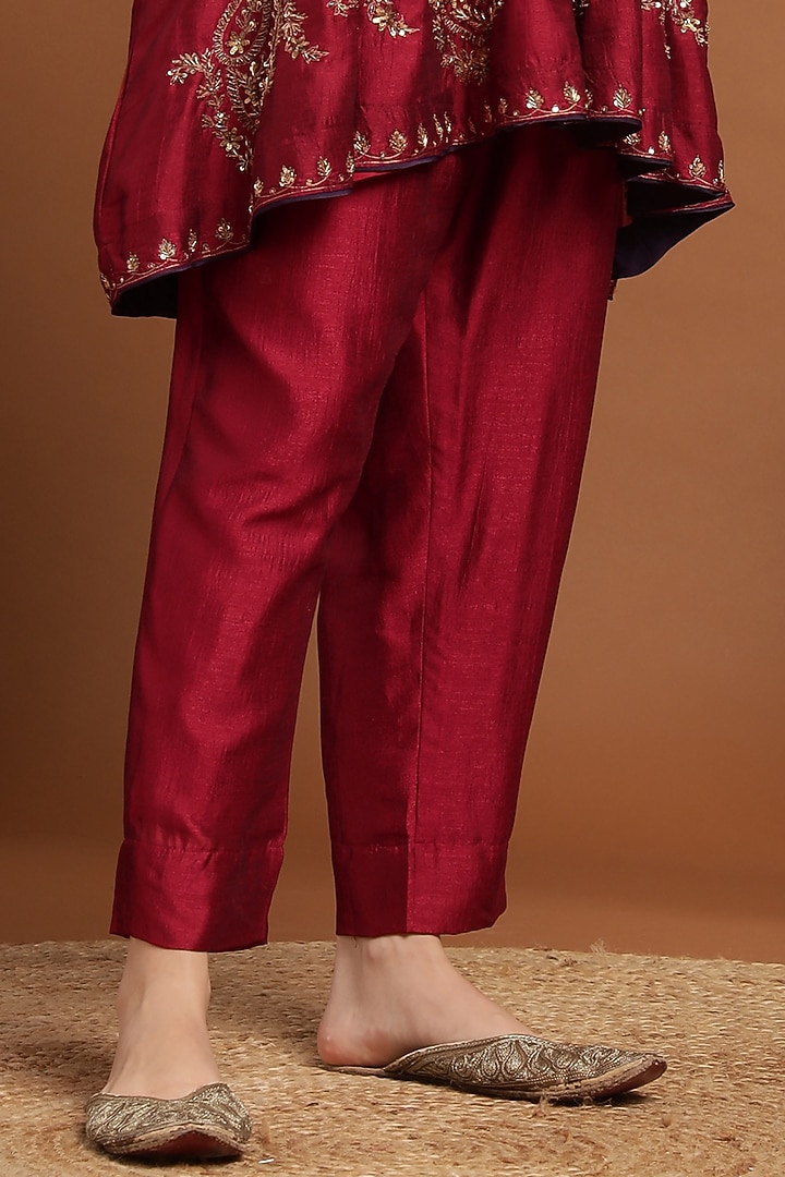 Red Silk Blend Hand & Machine Embroidered Kalidar Kurta Set by Rirasa at Pernia's Pop Up Shop