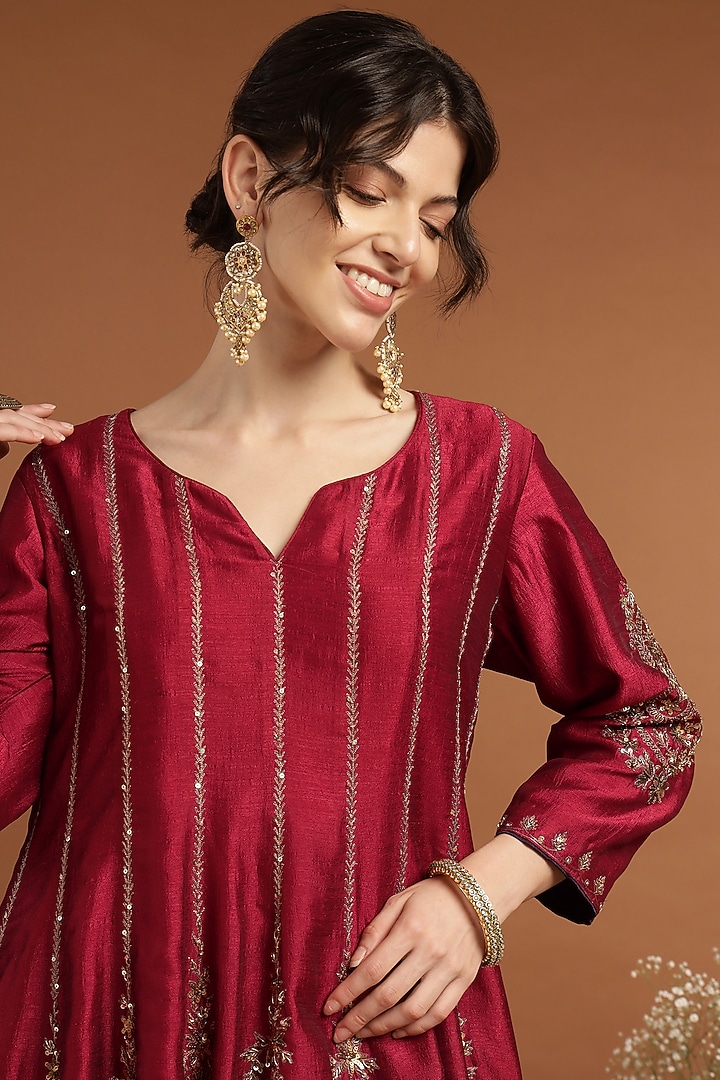 Red Silk Blend Hand & Machine Embroidered Kalidar Kurta Set by Rirasa at Pernia's Pop Up Shop