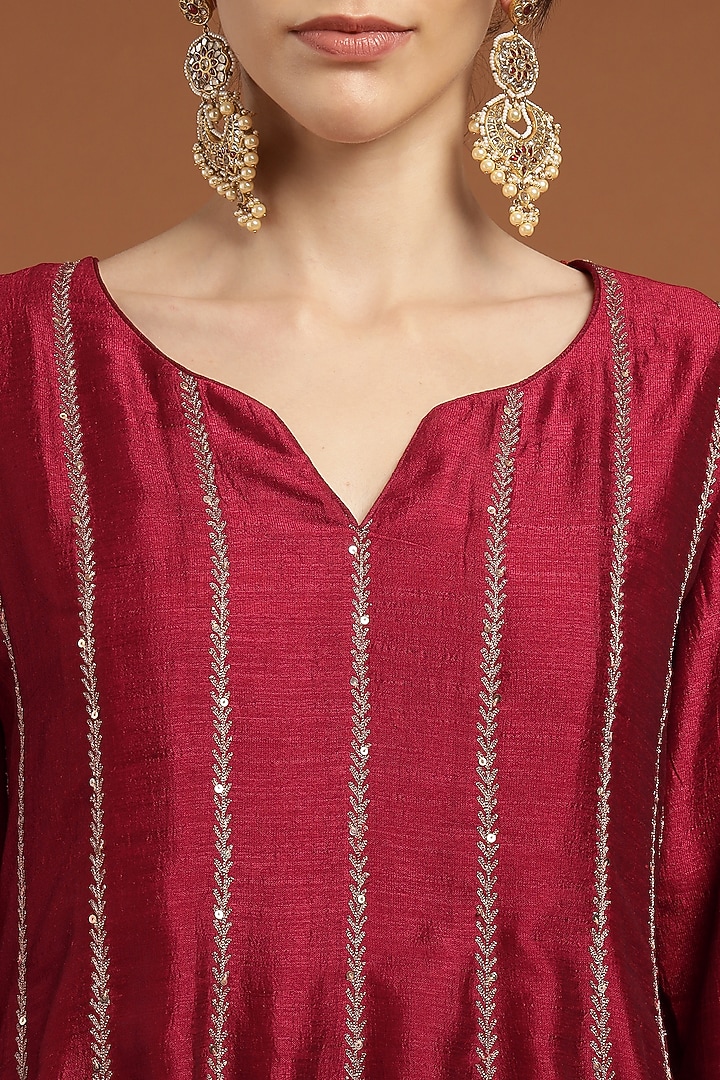 Red Silk Blend Hand & Machine Embroidered Kalidar Kurta Set by Rirasa at Pernia's Pop Up Shop