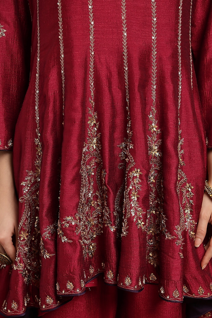 Red Silk Blend Hand & Machine Embroidered Kalidar Kurta Set by Rirasa at Pernia's Pop Up Shop