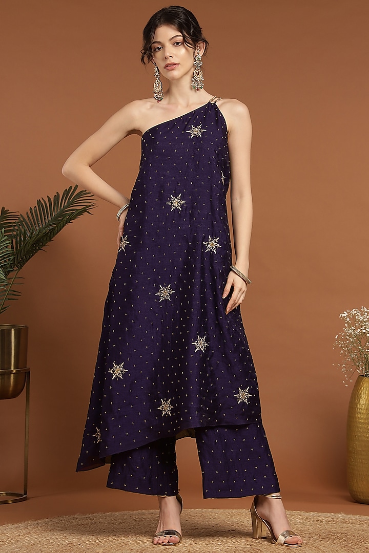 Purple Georgette Hand & Machine Embroidered One-Shoulder Kurta Set by Rirasa at Pernia's Pop Up Shop