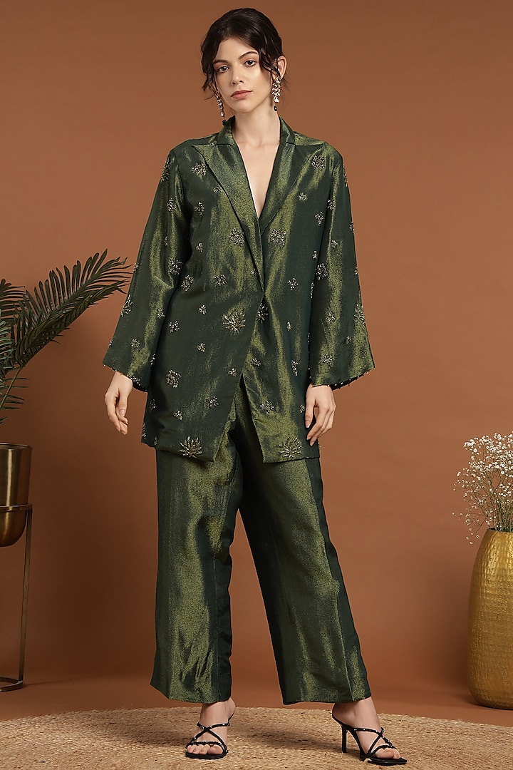 Olive Green Tissue Hand Work Jacket Set by Rirasa at Pernia's Pop Up Shop