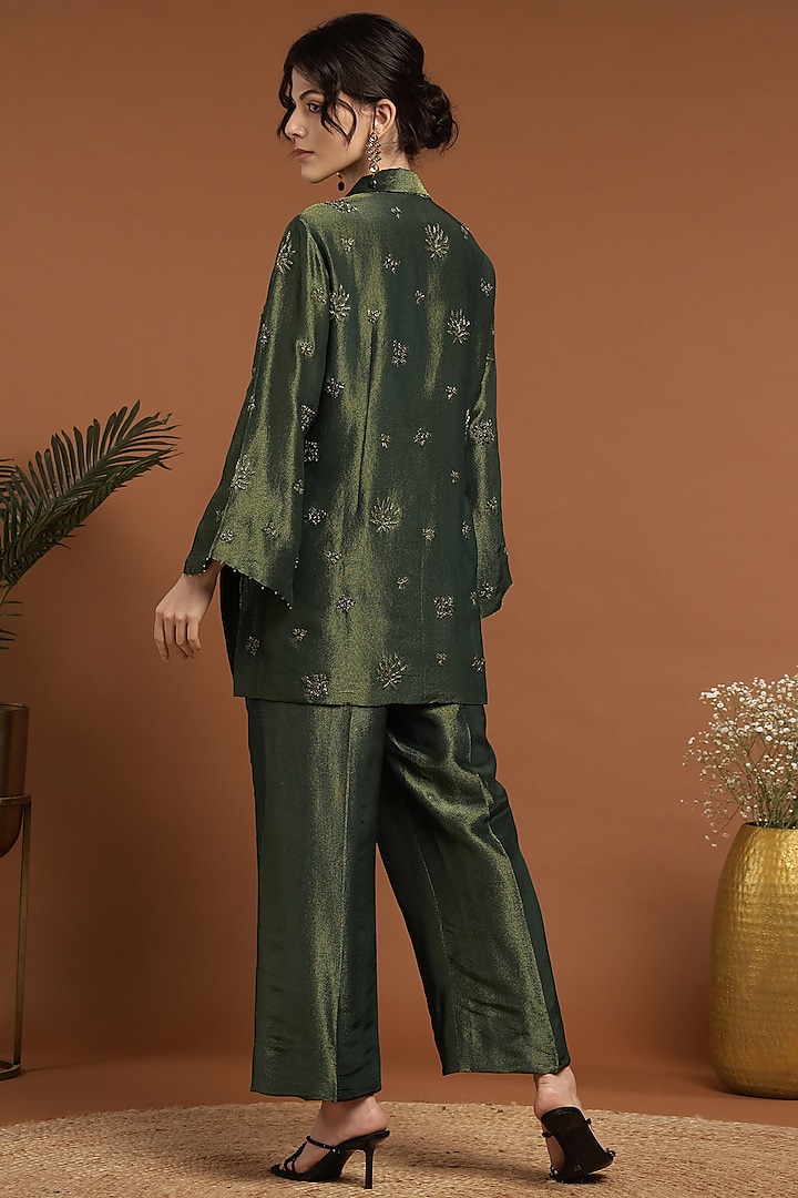 Olive Green Tissue Hand Work Jacket Set by Rirasa at Pernia's Pop Up Shop