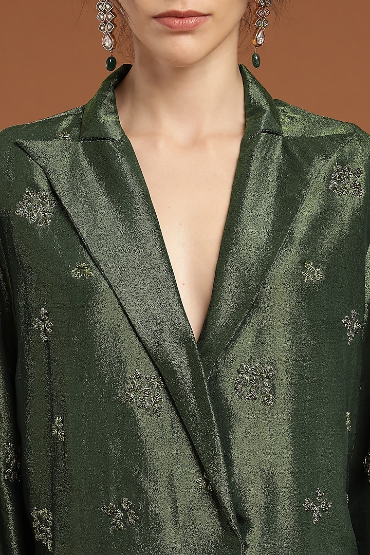 Olive Green Tissue Hand Work Jacket Set by Rirasa at Pernia's Pop Up Shop