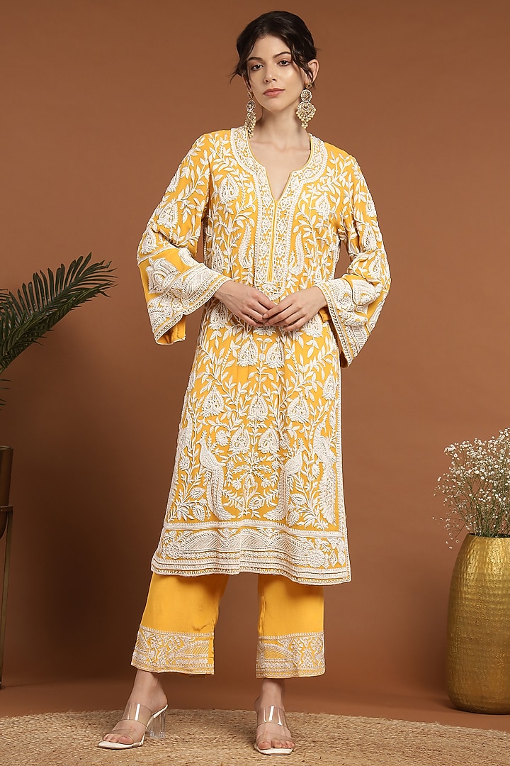 Yellow Georgette Hand Work Kurta Set by Rirasa at Pernia's Pop Up Shop