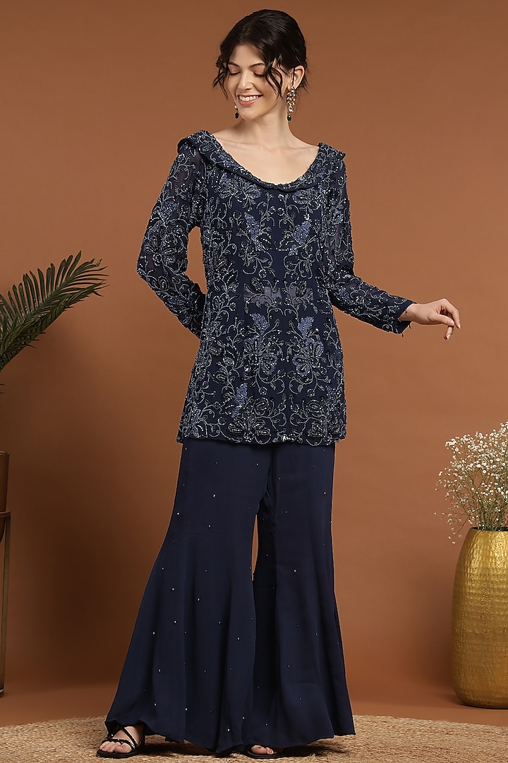 Deep Blue Net & Georgette Hand Beaded Kurta Set by Rirasa at Pernia's Pop Up Shop