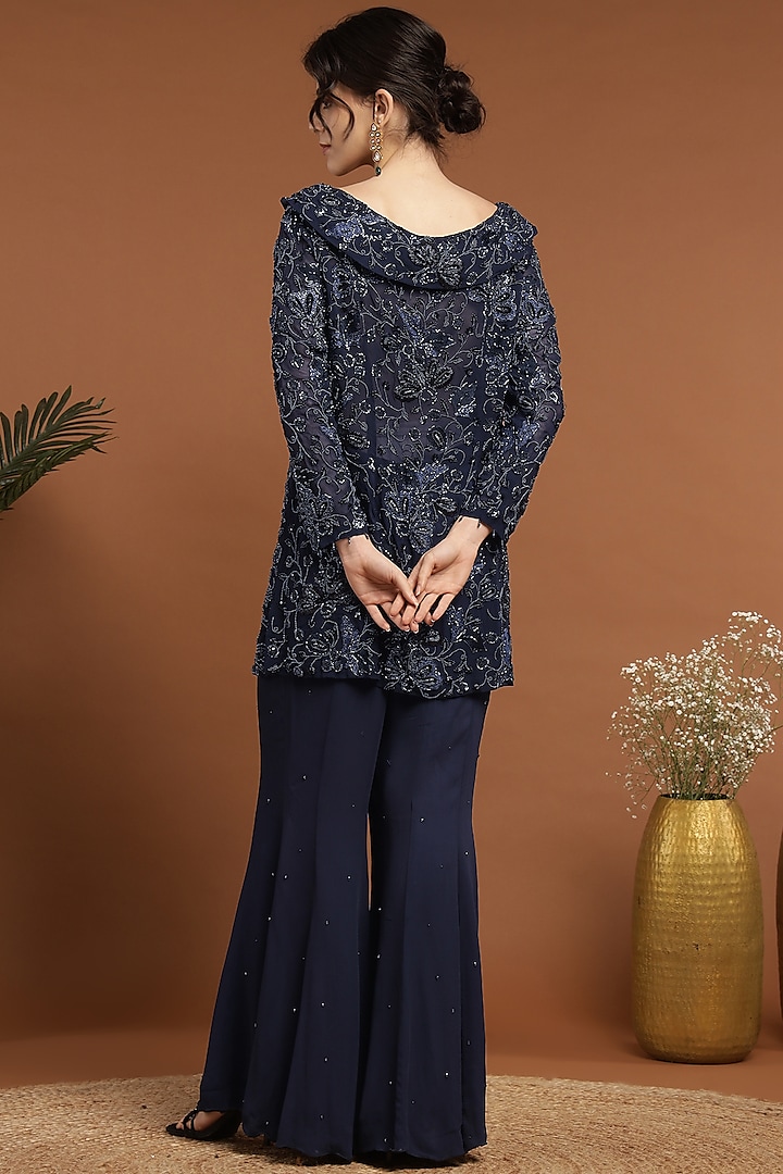 Deep Blue Net & Georgette Hand Beaded Kurta Set by Rirasa at Pernia's Pop Up Shop