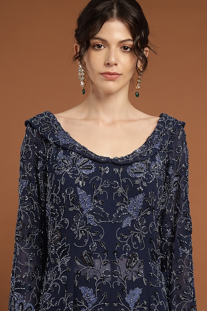 Deep Blue Net & Georgette Hand Beaded Kurta Set by Rirasa at Pernia's Pop Up Shop