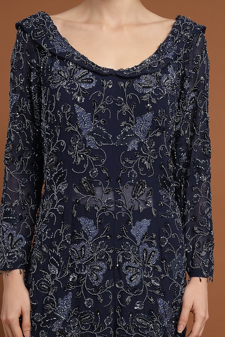 Deep Blue Net & Georgette Hand Beaded Kurta Set by Rirasa at Pernia's Pop Up Shop