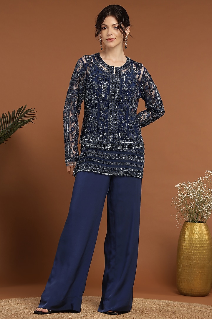 Deep Blue Net & Crepe Hand Beaded Kurta Set by Rirasa at Pernia's Pop Up Shop