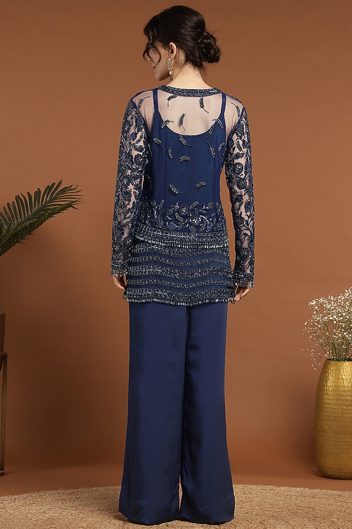 Deep Blue Net & Crepe Hand Beaded Kurta Set by Rirasa at Pernia's Pop Up Shop