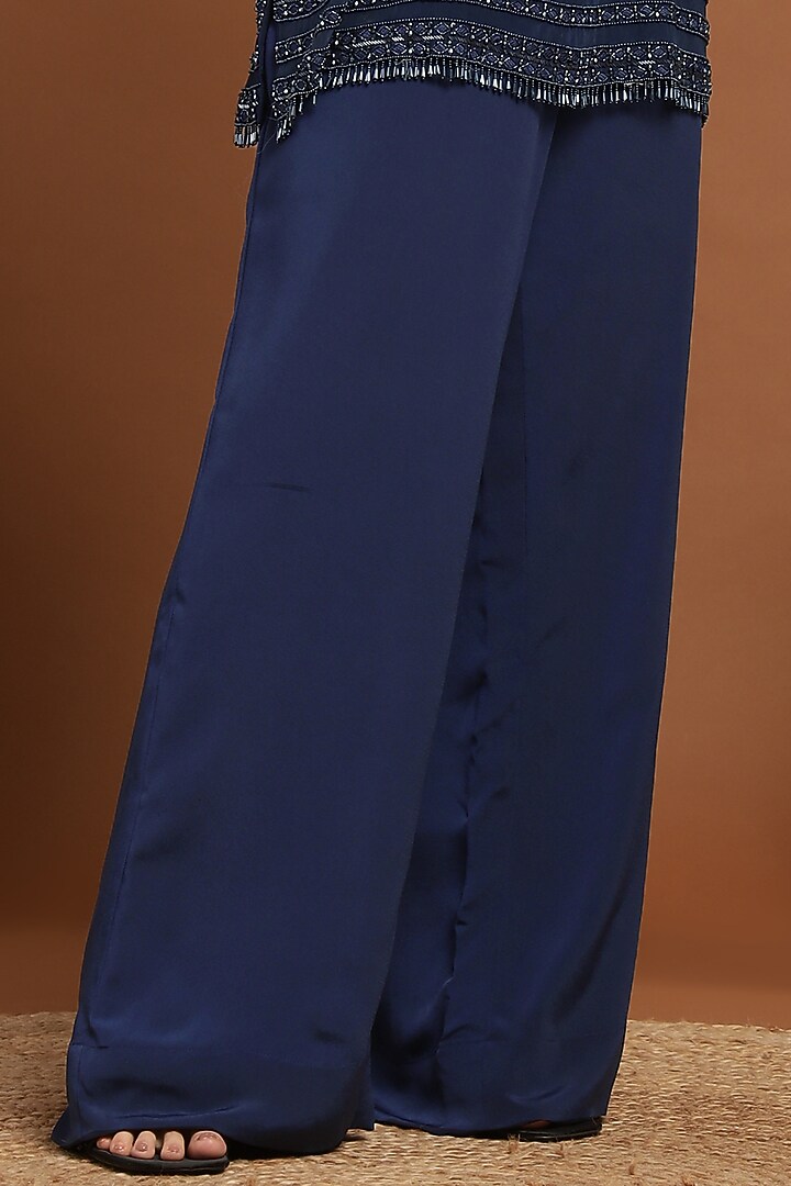 Deep Blue Net & Crepe Hand Beaded Kurta Set by Rirasa at Pernia's Pop Up Shop