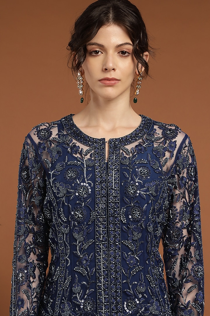 Deep Blue Net & Crepe Hand Beaded Kurta Set by Rirasa at Pernia's Pop Up Shop