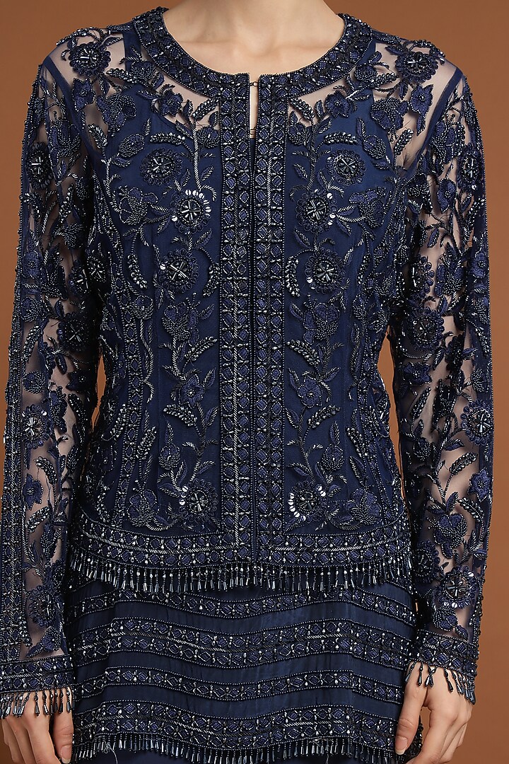 Deep Blue Net & Crepe Hand Beaded Kurta Set by Rirasa at Pernia's Pop Up Shop