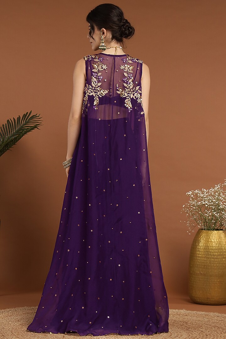Purple Organza & Georgette Hand Embroidered Cape Set by Rirasa at Pernia's Pop Up Shop