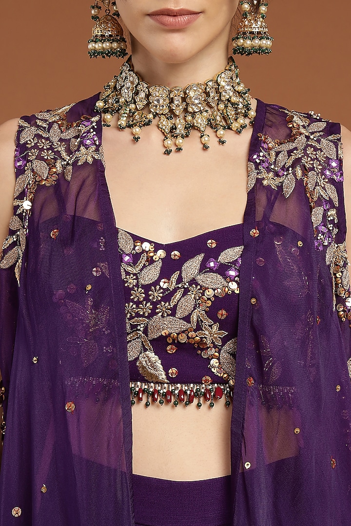 Purple Organza & Georgette Hand Embroidered Cape Set by Rirasa at Pernia's Pop Up Shop