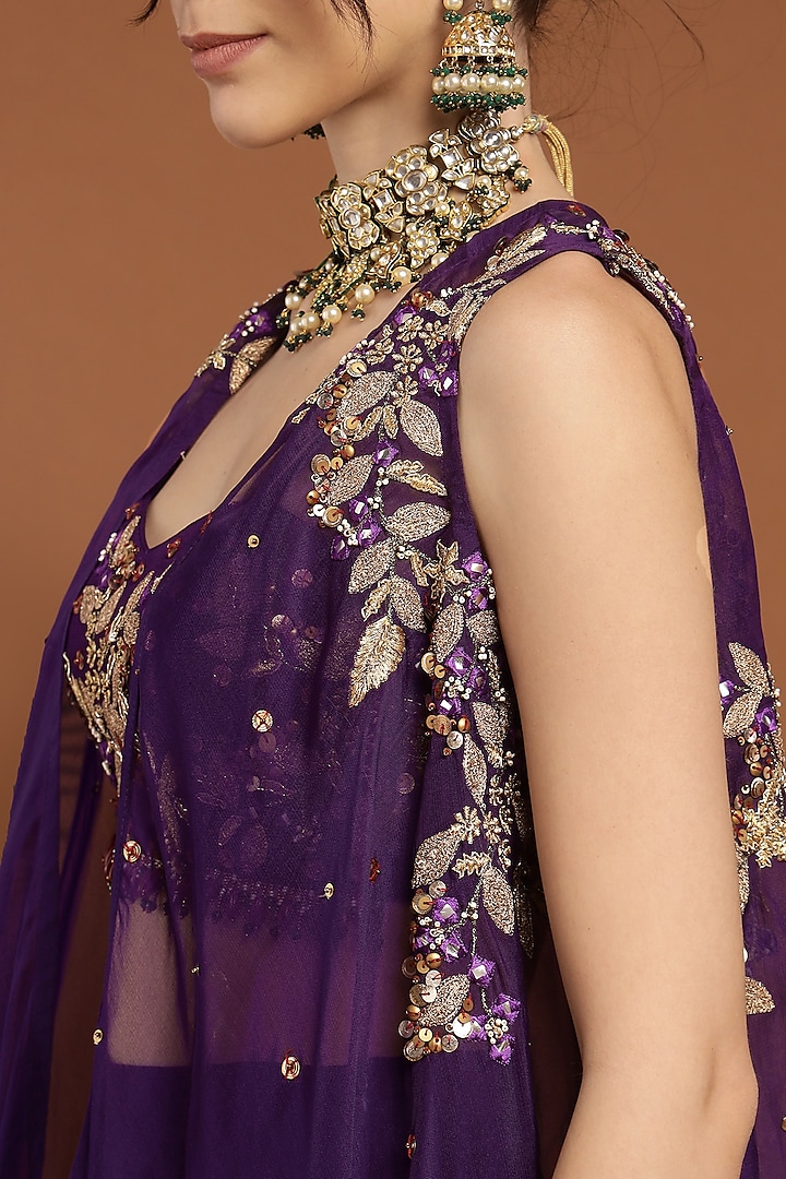 Purple Organza & Georgette Hand Embroidered Cape Set by Rirasa at Pernia's Pop Up Shop