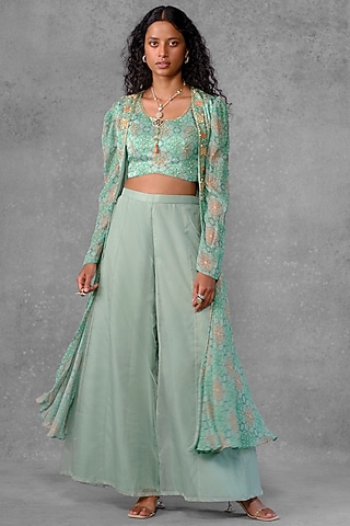 Mint Georgette Printed & Embroidered Jacket Set by Riraan By Rikita & Ratna