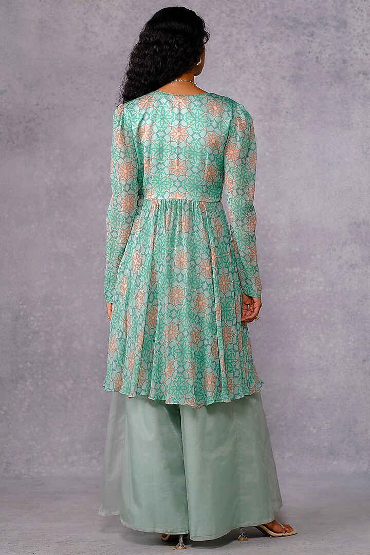 Mint Georgette Printed & Embroidered Jacket Set by Riraan By Rikita & Ratna at Pernia's Pop Up Shop