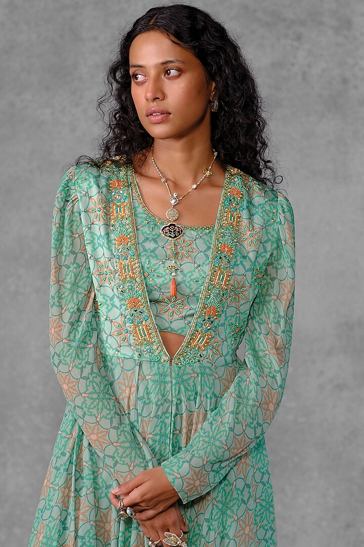 Mint Georgette Printed & Embroidered Jacket Set by Riraan By Rikita & Ratna at Pernia's Pop Up Shop
