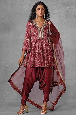 Maroon Cotton Satin Printed & Embroidered Layered Tunic Set by Riraan By Rikita & Ratna