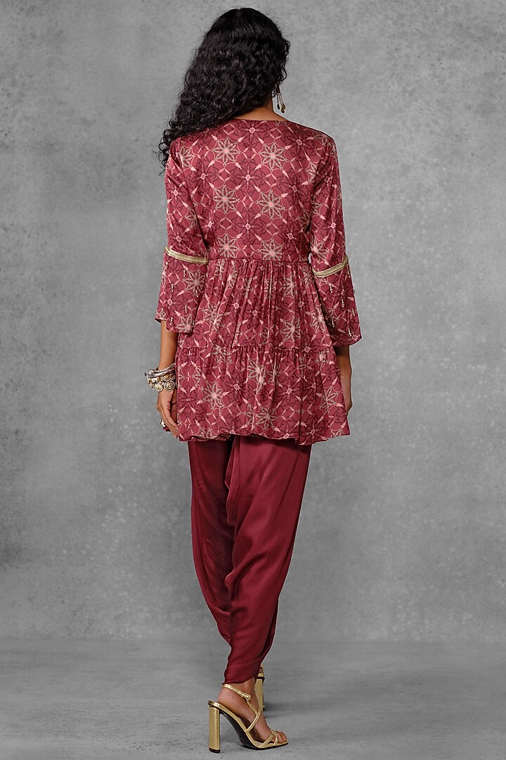 Maroon Cotton Satin Printed & Embroidered Layered Tunic Set by Riraan By Rikita & Ratna at Pernia's Pop Up Shop