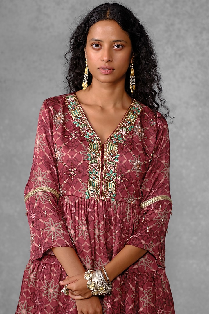 Maroon Cotton Satin Printed & Embroidered Layered Tunic Set by Riraan By Rikita & Ratna at Pernia's Pop Up Shop