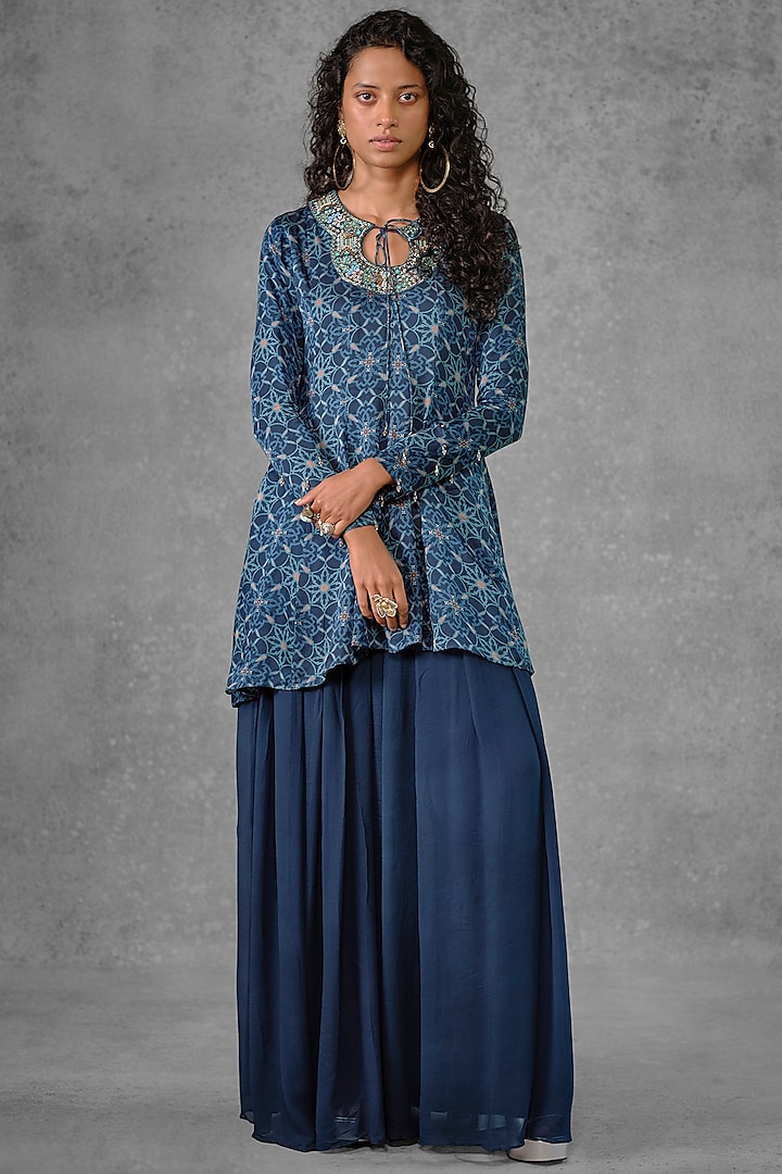 Blue Cotton Satin Printed & Embroidered Tunic Set by Riraan By Rikita & Ratna